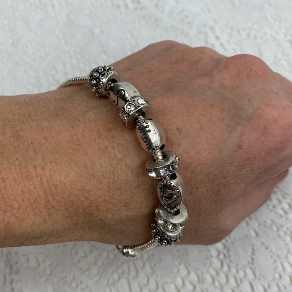 Silver Charm Snake Bracelet 8 charms Mom Baby feet Rhinestones Hook Clasp 8” - Picture 8 of 10